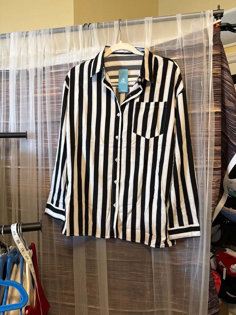 CUPSHE Women's Black and White Striped Button-Down Long Sleeve Blouse Size M